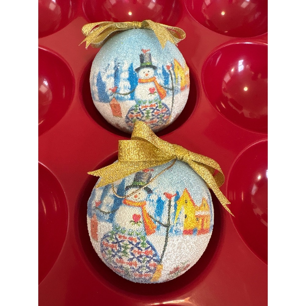 Set of 2 Snowman Winter Scene Christmas Ornaments Blue White Gold Glitter Bows